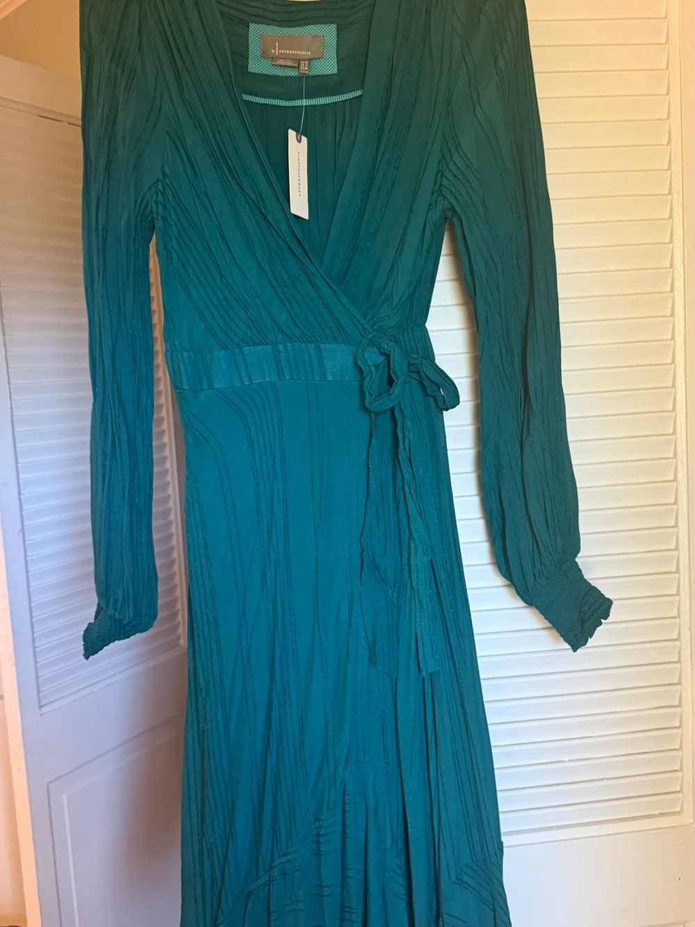 Anthropologie NWT long Sleeve Teal faux Wrap Dress -